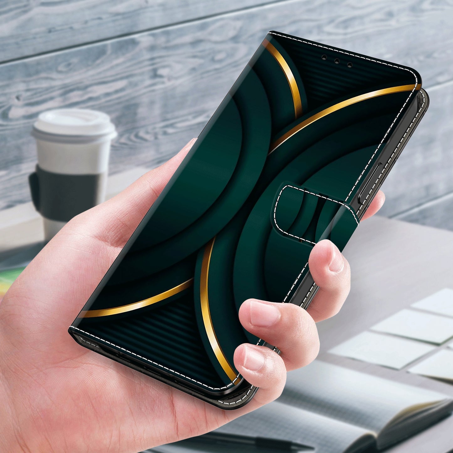 For Samsung Galaxy S24 Ultra Wallet Case PU Leather 3D Pattern Printing Stand Cover - Gold Contour