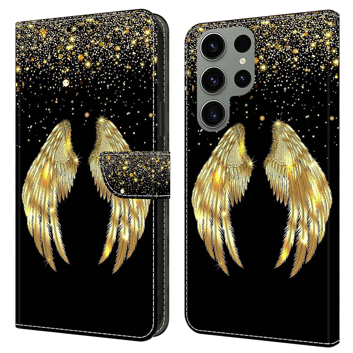 For Samsung Galaxy S24 Ultra Wallet Case PU Leather 3D Pattern Printing Stand Cover - Gold Wing