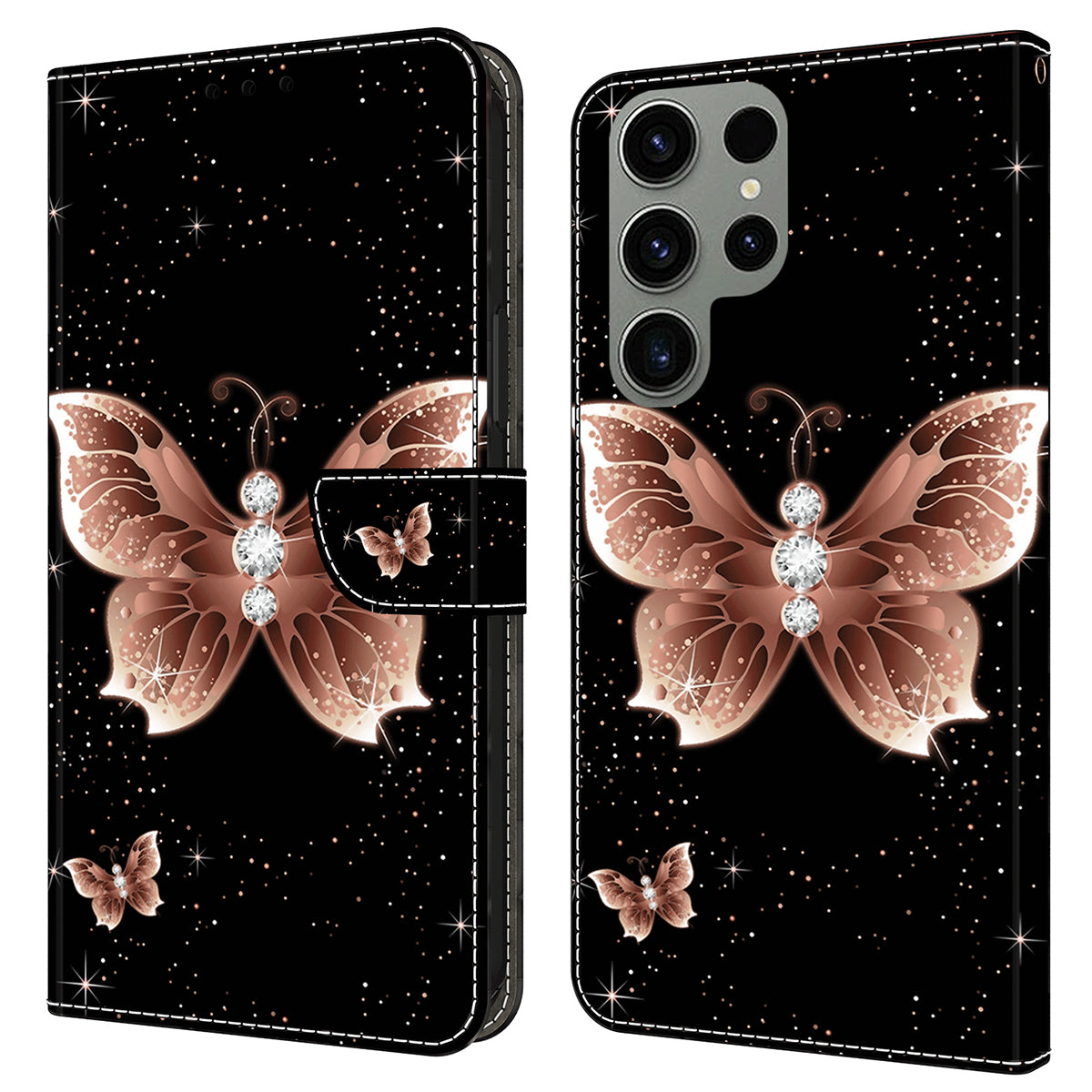 For Samsung Galaxy S24 Ultra Wallet Case PU Leather 3D Pattern Printing Stand Cover - Pink Diamond Butterfly