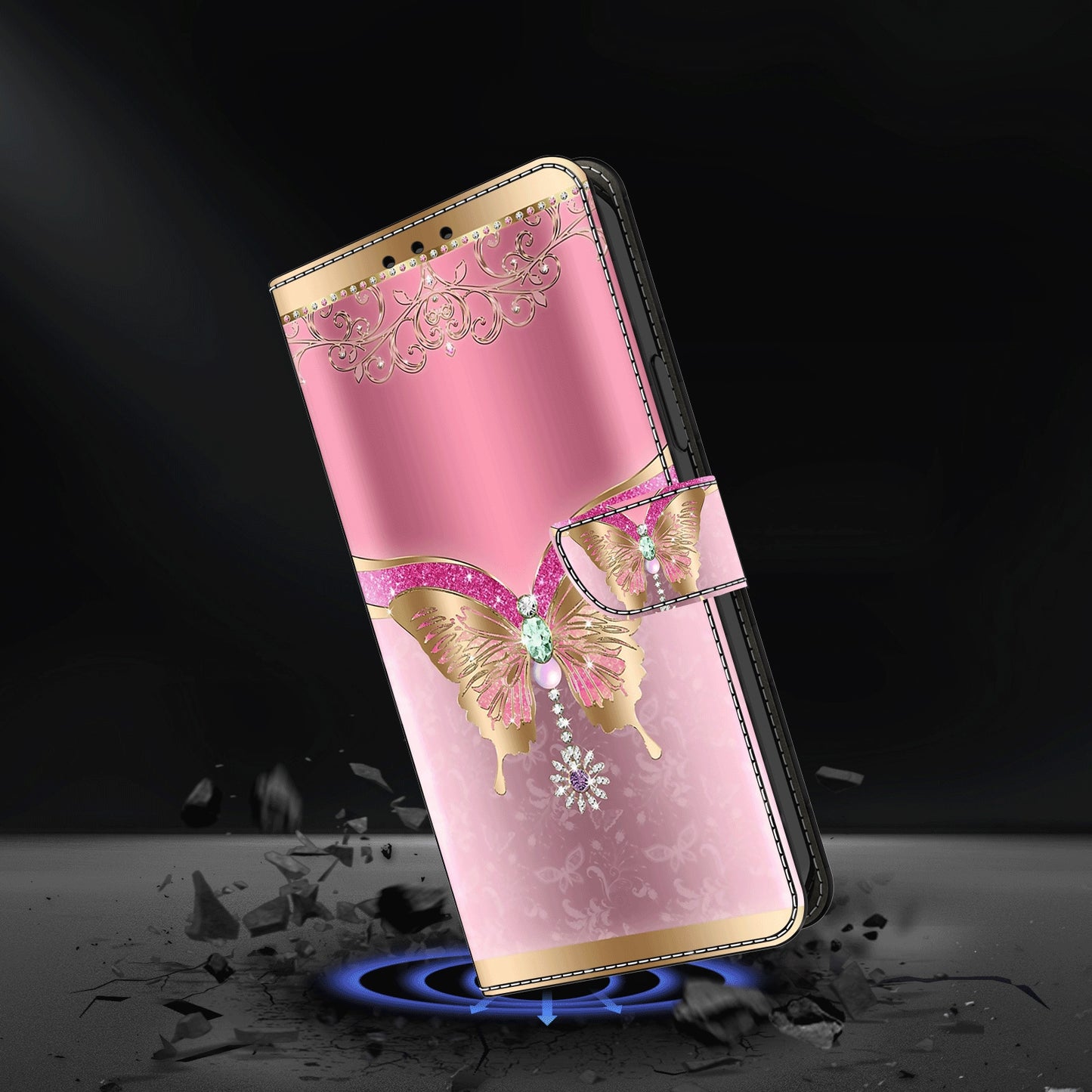 For Samsung Galaxy S24 Ultra Wallet Case PU Leather 3D Pattern Printing Stand Cover - Pink / Gold Butterfly