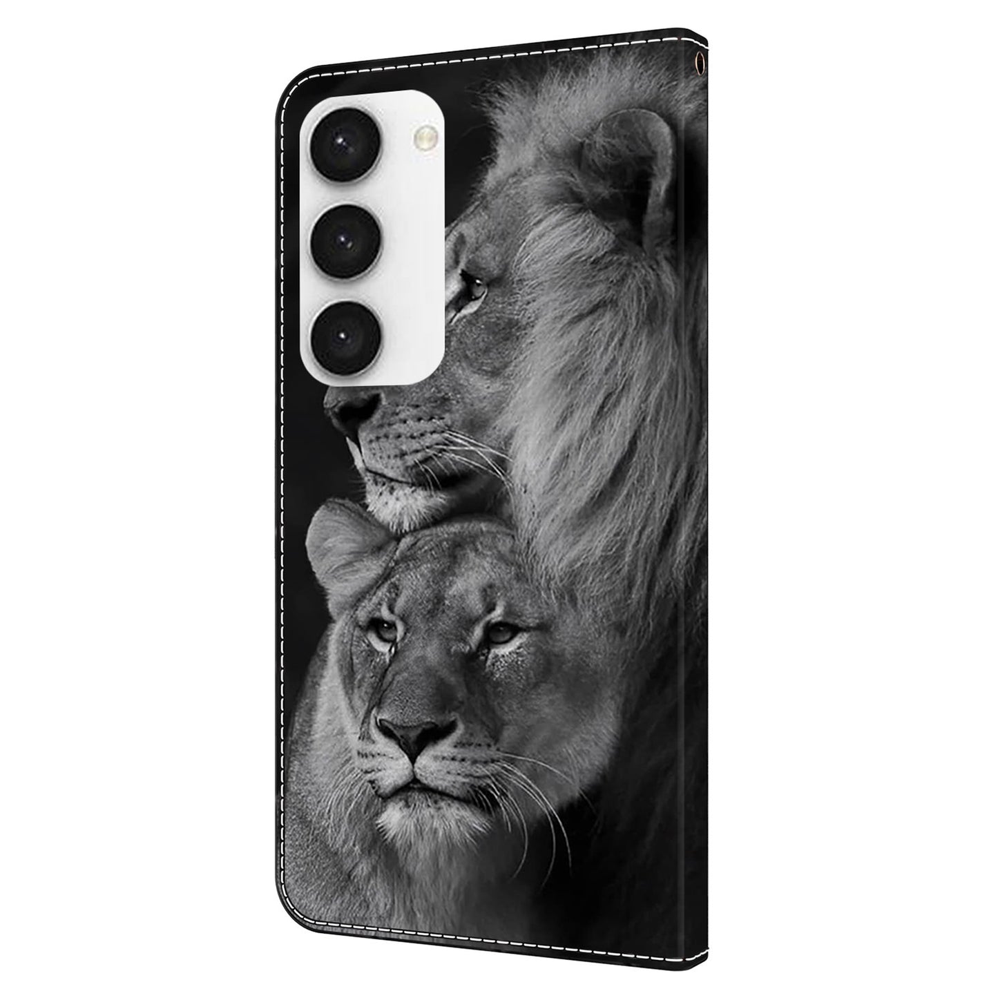 For Samsung Galaxy S24 Cell Phone Case Leather 3D Pattern Card Slot Protective Cover - Couple Lions