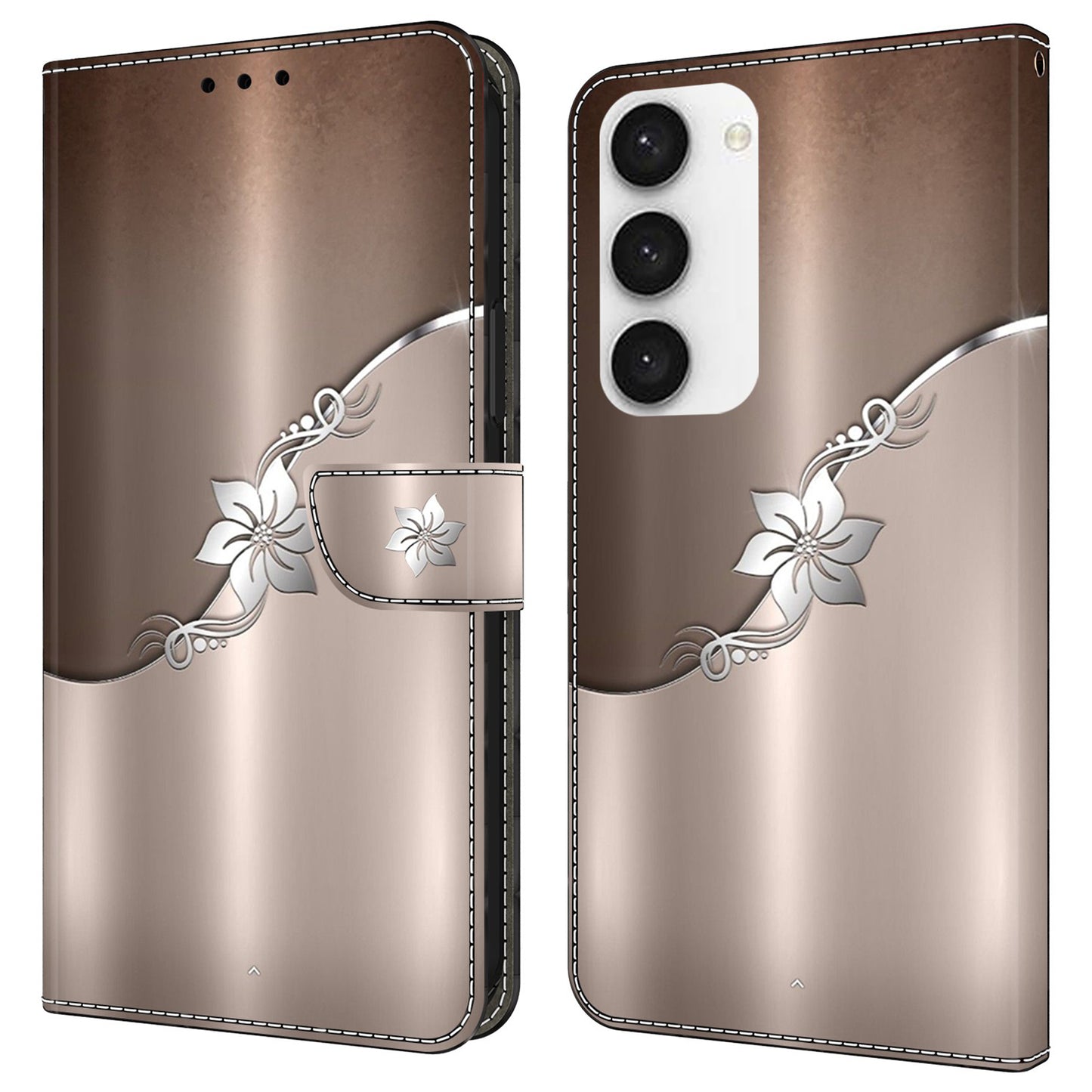 For Samsung Galaxy S24 Cell Phone Case Leather 3D Pattern Card Slot Protective Cover - Silver Flower