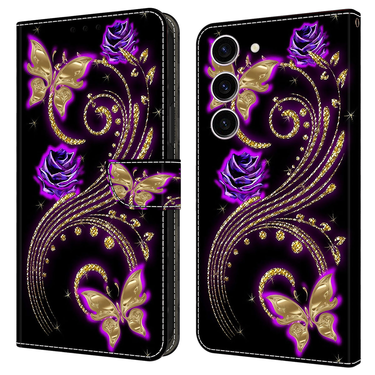 For Samsung Galaxy S24 Case 3D Pattern Printing Anti-drop Leather Cover - Purple Flowers / Butterflies