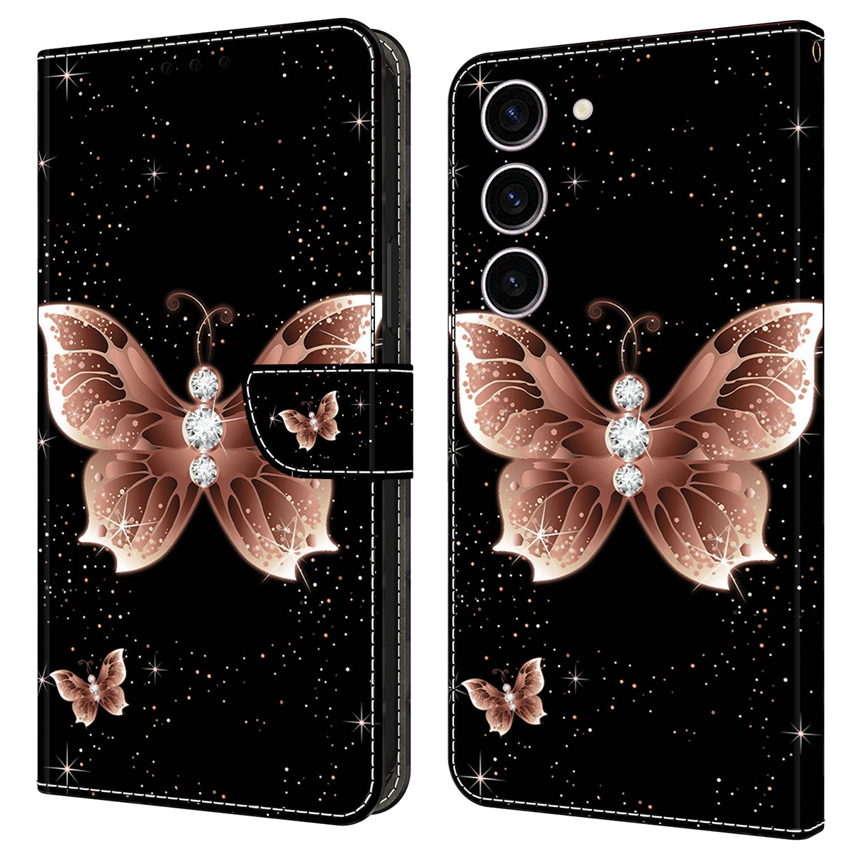 For Samsung Galaxy S24 Case 3D Pattern Printing Anti-drop Leather Cover - Pink Diamond Butterfly