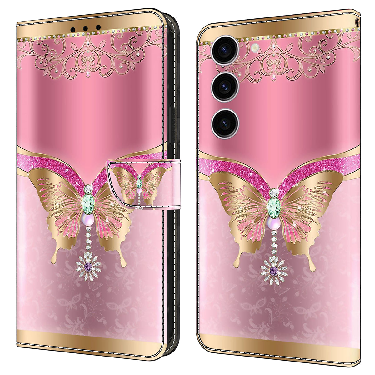 For Samsung Galaxy S24 Case 3D Pattern Printing Anti-drop Leather Cover - Pink / Gold Butterfly