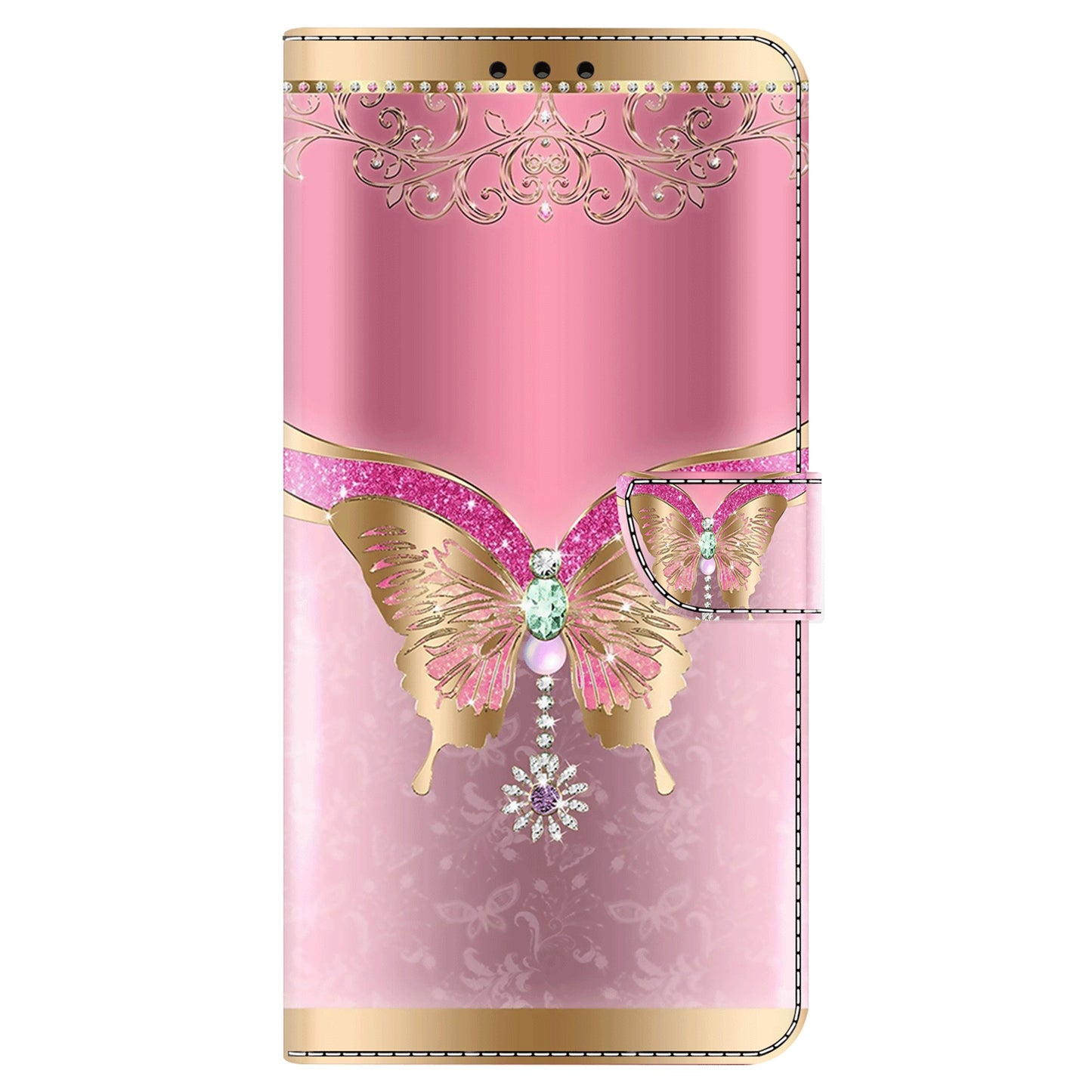 For Samsung Galaxy S24 Case 3D Pattern Printing Anti-drop Leather Cover - Pink / Gold Butterfly
