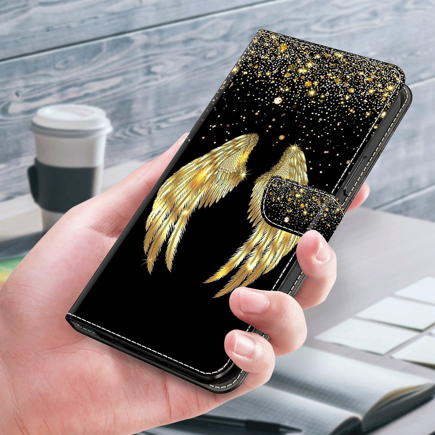 For Samsung Galaxy S24+ Case Stand Wallet Leather Cover with 3D Pattern Printing - Gold Wing