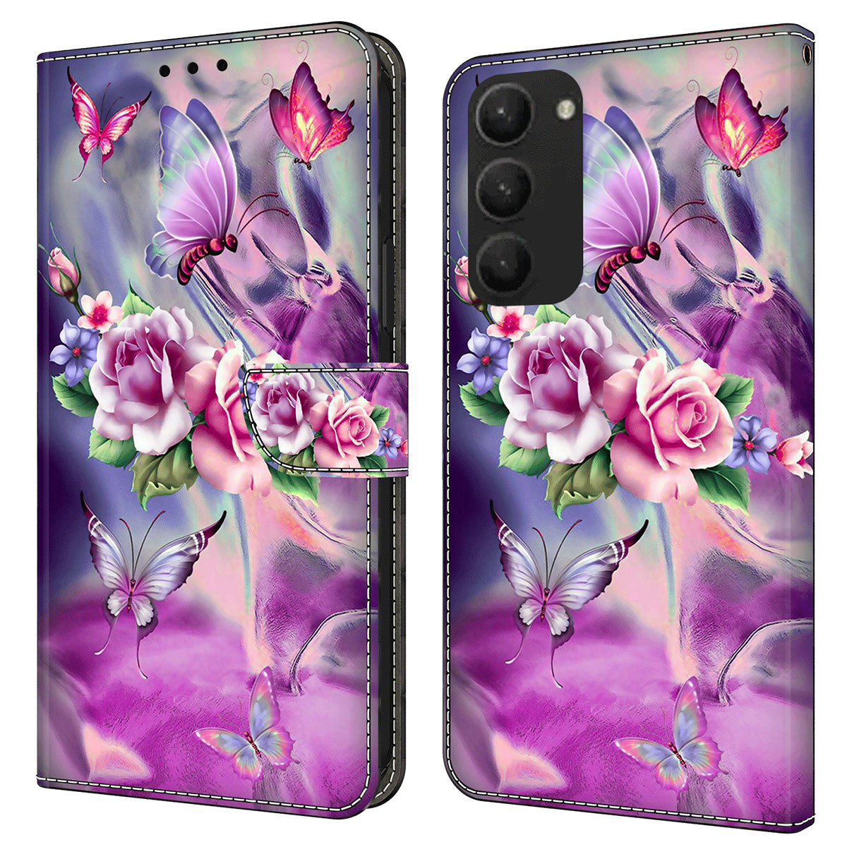For Samsung Galaxy S24+ Case Stand Wallet Leather Cover with 3D Pattern Printing - Butterflies / Flowers