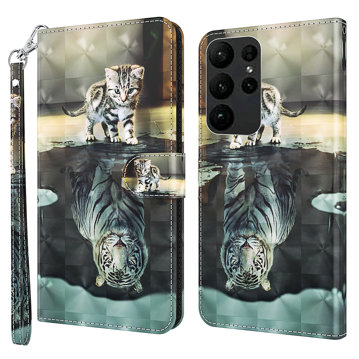 For Samsung Galaxy S24 Ultra Case 3D Pattern Leather Stand Phone Cover - Cat and Tiger