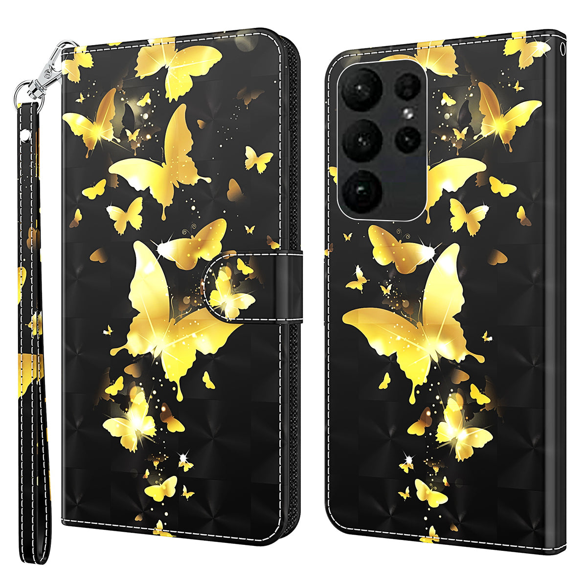 For Samsung Galaxy S24 Ultra Case 3D Pattern Leather Stand Phone Cover - Golden Butterfly