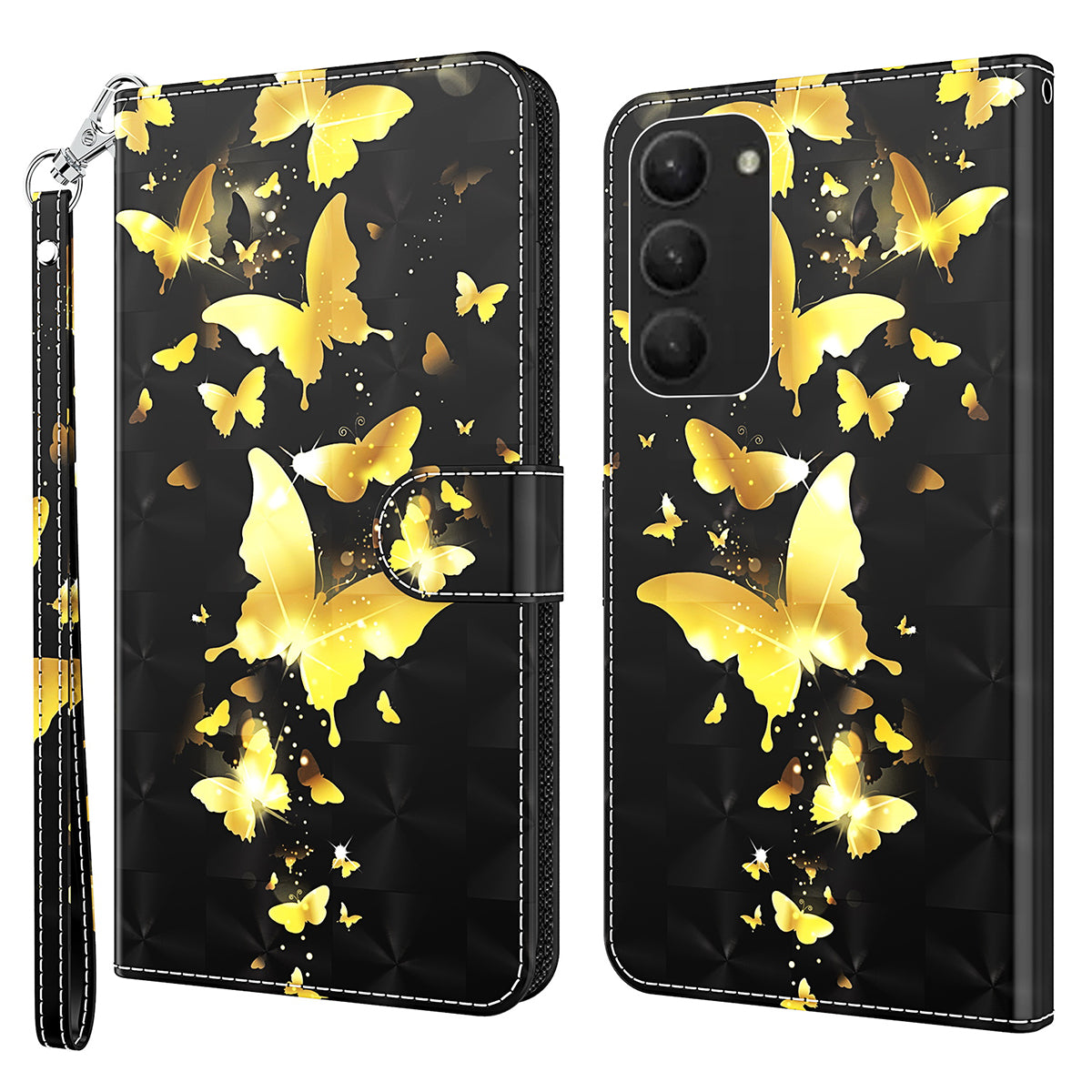 For Samsung Galaxy S24+ Leather 3D Pattern Case Flip Wrist Strap Cell Phone Cover - Golden Butterfly
