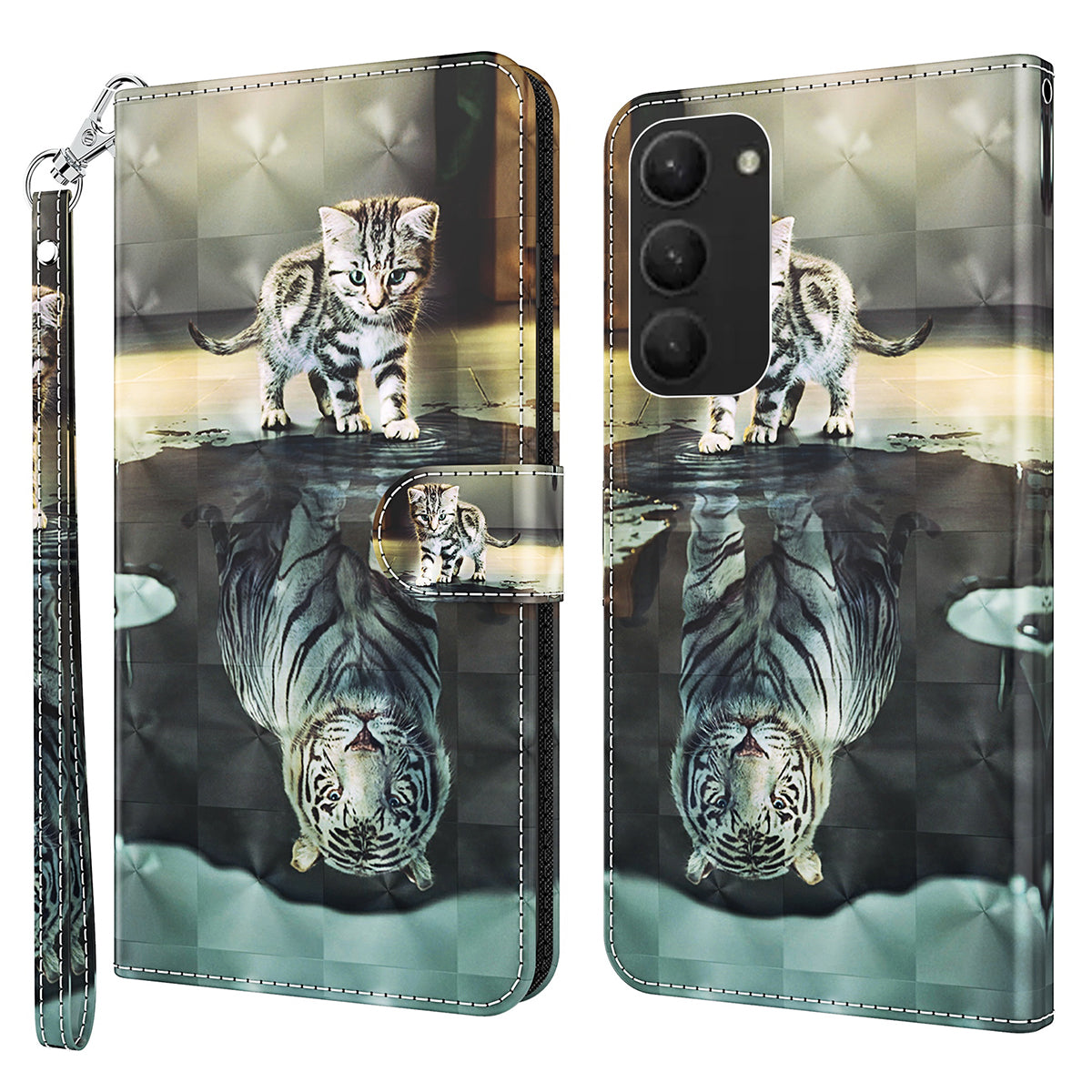 For Samsung Galaxy S24+ Leather 3D Pattern Case Flip Wrist Strap Cell Phone Cover - Cat and Tiger