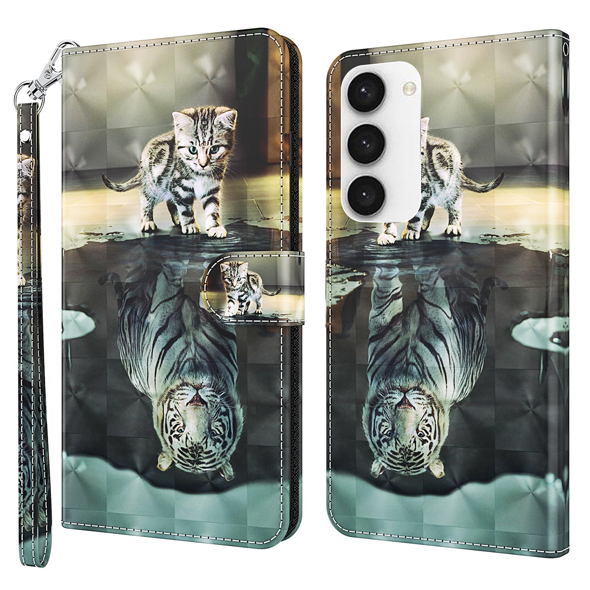 For Samsung Galaxy S24 Leather Phone Case Flip Wallet 3D Pattern Printing Cover - Cat and Tiger