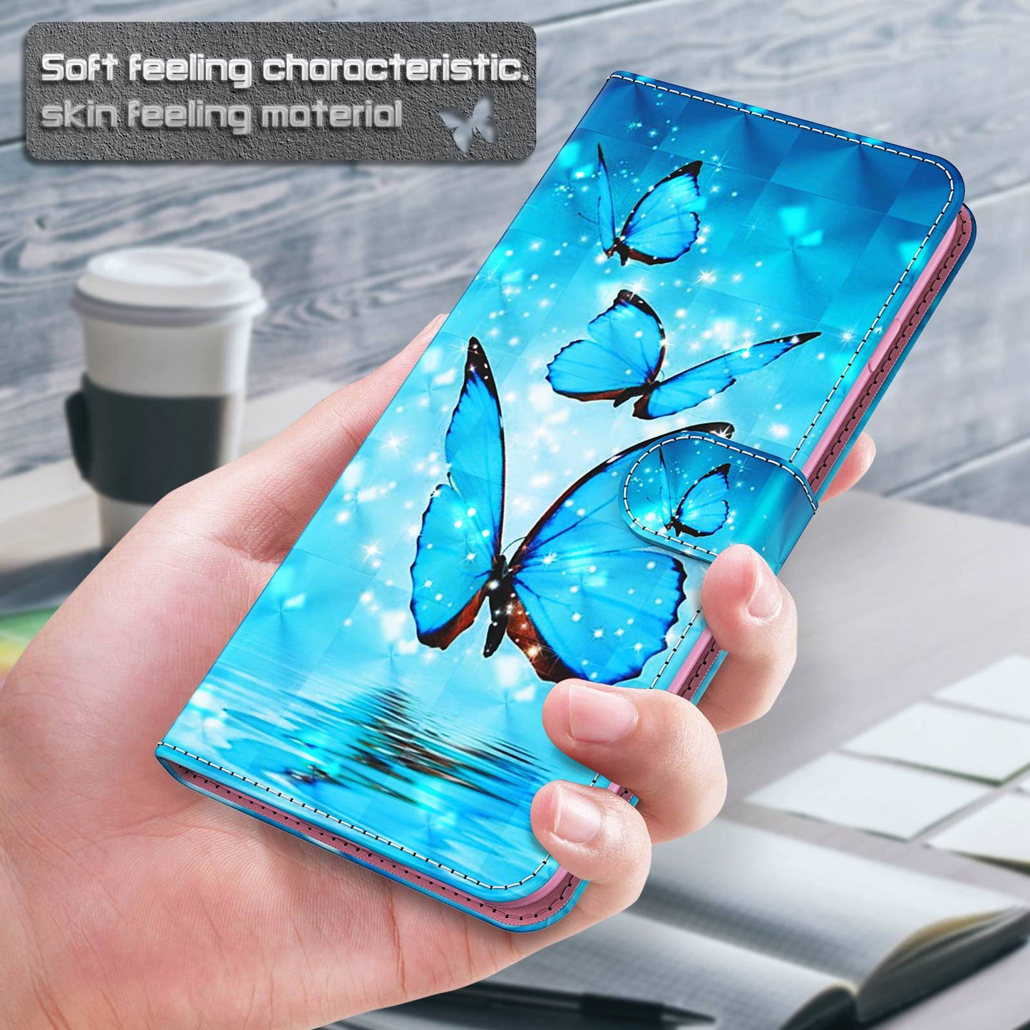 For Samsung Galaxy S24 Leather Phone Case Flip Wallet 3D Pattern Printing Cover - Blue Butterflies