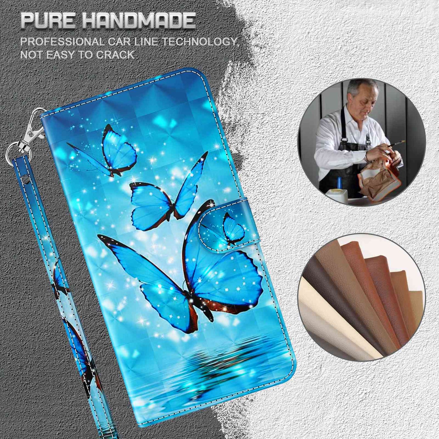 For Samsung Galaxy S24 Leather Phone Case Flip Wallet 3D Pattern Printing Cover - Blue Butterflies