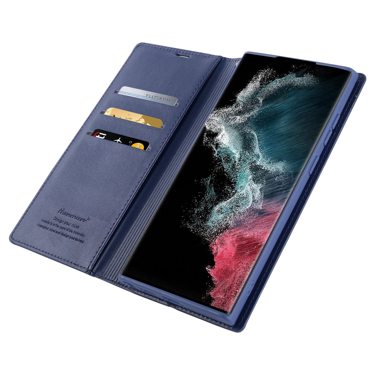 HANMAN Minuo Series For Samsung Galaxy S24 Ultra Magnetic Case PU Leather Wallet Phone Cover - Blue