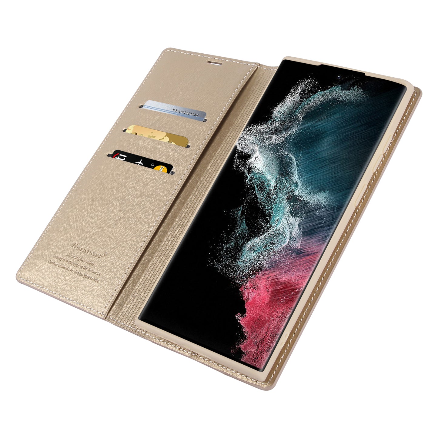 HANMAN Minuo Series For Samsung Galaxy S24 Ultra Magnetic Case PU Leather Wallet Phone Cover - Gold