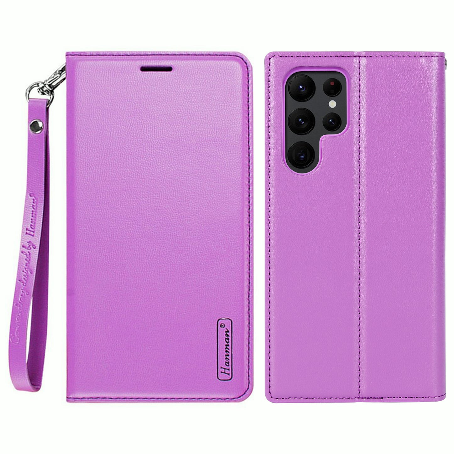HANMAN Minuo Series For Samsung Galaxy S24 Ultra Magnetic Case PU Leather Wallet Phone Cover - Purple