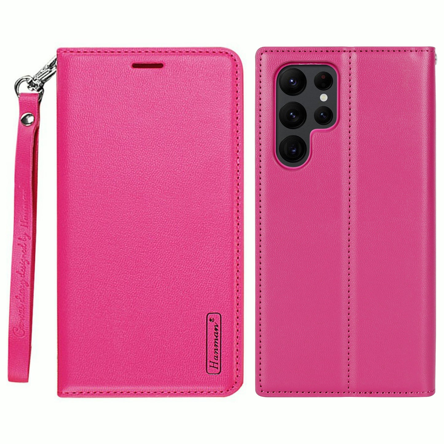 HANMAN Minuo Series For Samsung Galaxy S24 Ultra Magnetic Case PU Leather Wallet Phone Cover - Rose