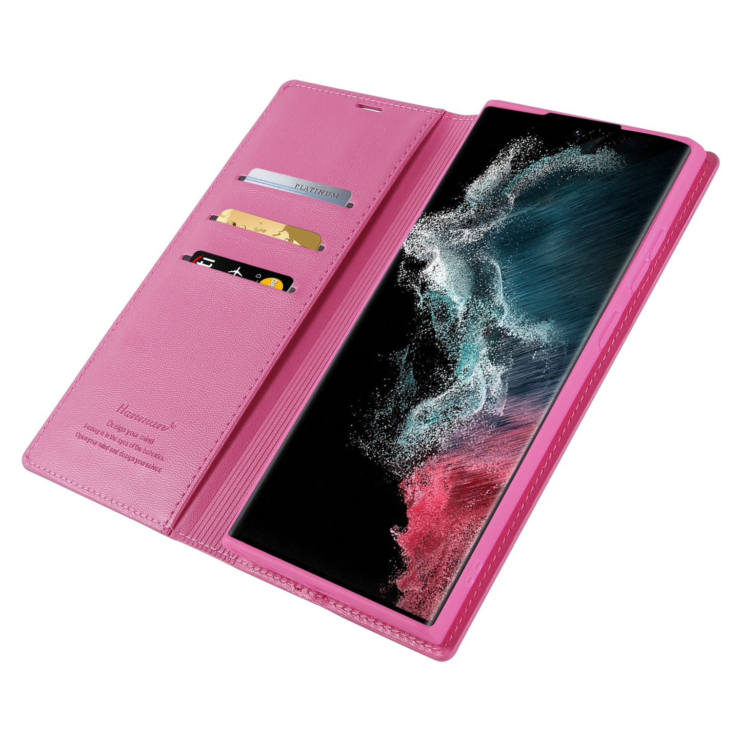 HANMAN Minuo Series For Samsung Galaxy S24 Ultra Magnetic Case PU Leather Wallet Phone Cover - Rose