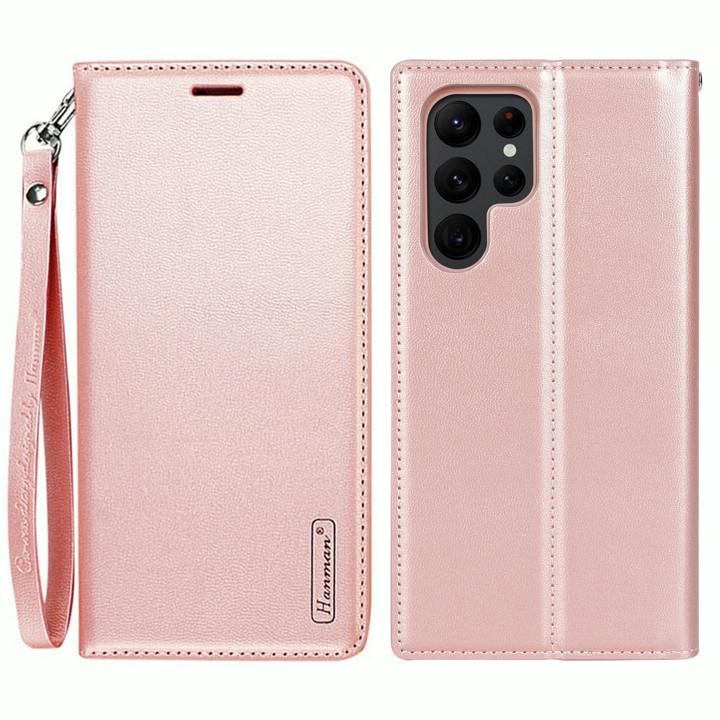 HANMAN Minuo Series For Samsung Galaxy S24 Ultra Magnetic Case PU Leather Wallet Phone Cover - Rose Gold