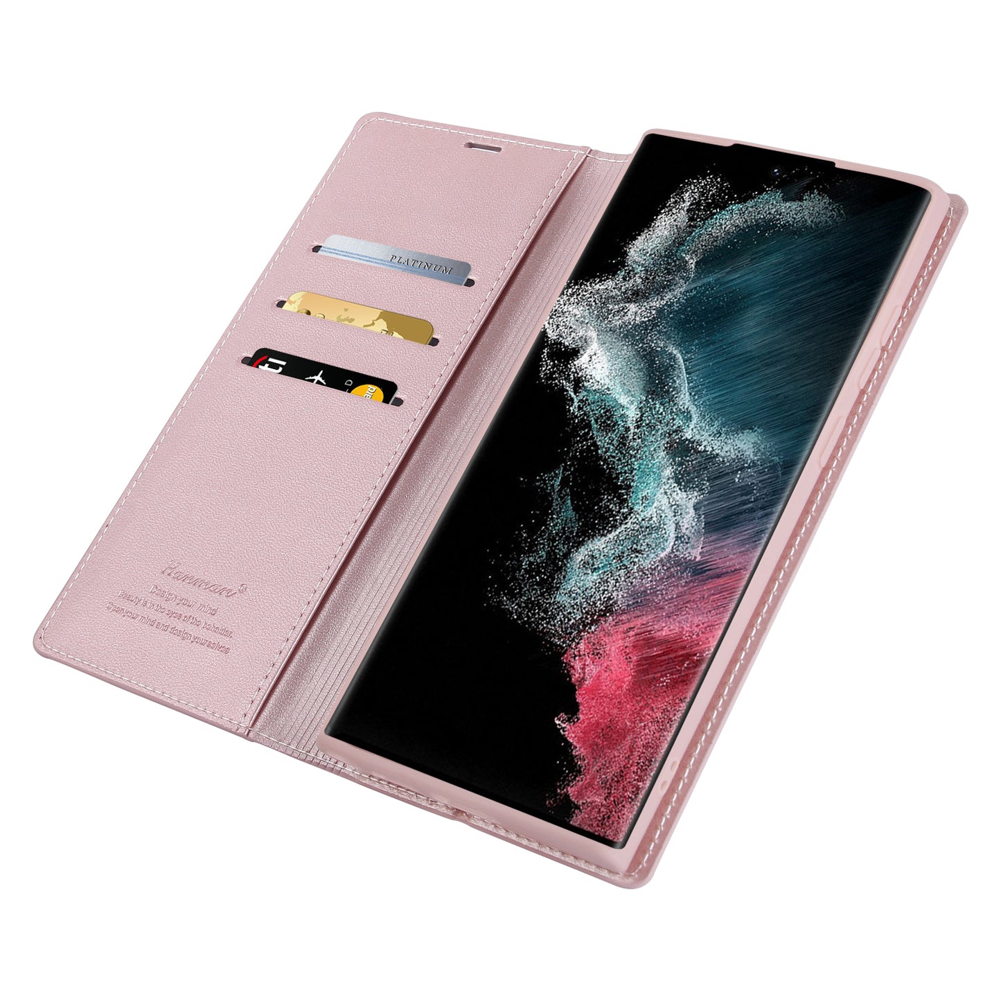 HANMAN Minuo Series For Samsung Galaxy S24 Ultra Magnetic Case PU Leather Wallet Phone Cover - Rose Gold
