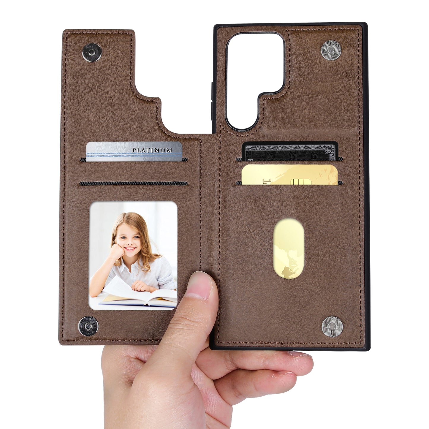 HANMAN Mika Series For Samsung Galaxy S24 Ultra Case with Card Holder PU Leather Coated TPU Back Cover - Brown