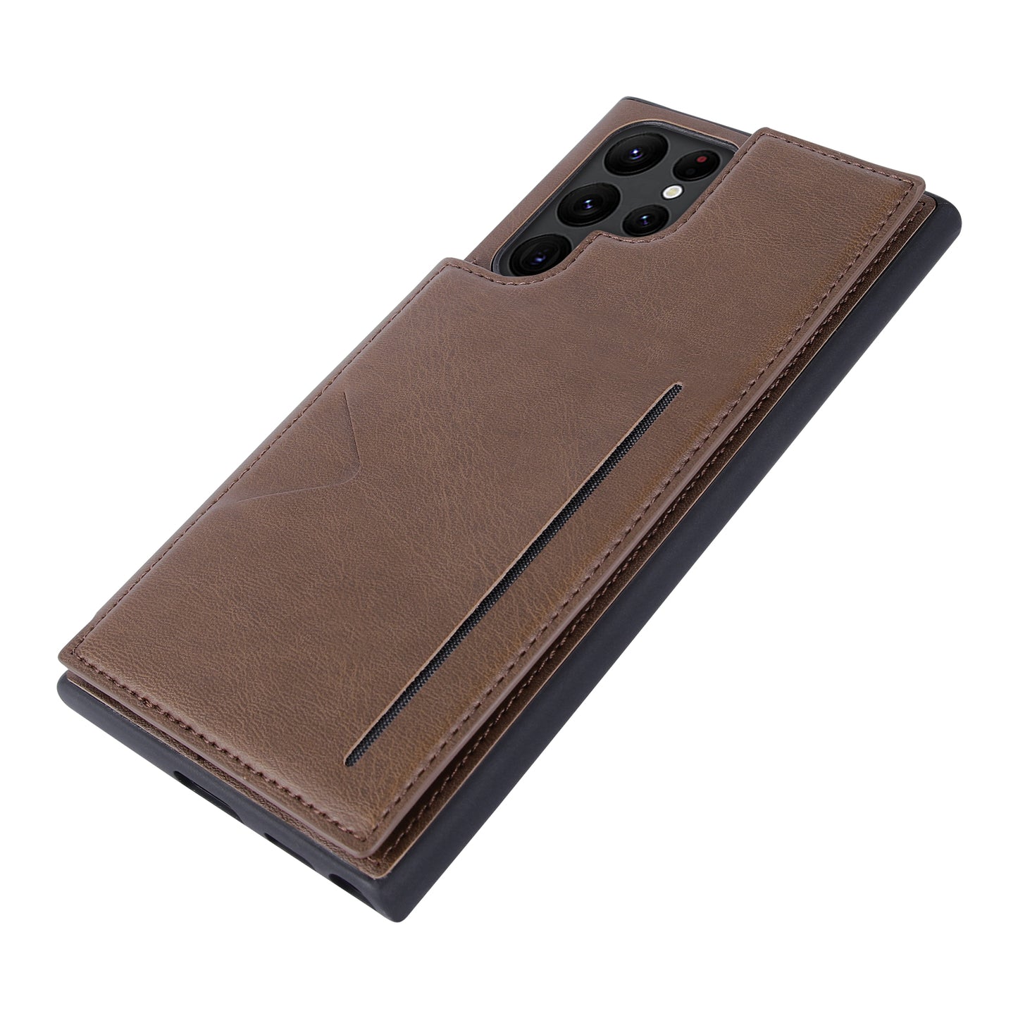 HANMAN Mika Series For Samsung Galaxy S24 Ultra Case with Card Holder PU Leather Coated TPU Back Cover - Brown