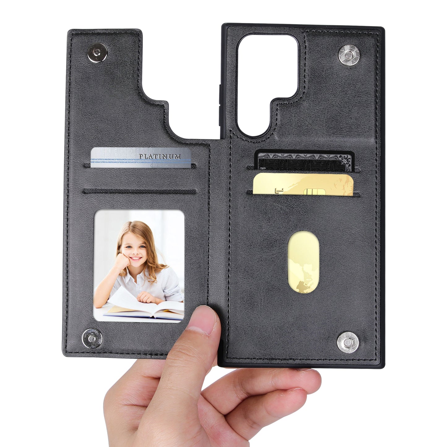 HANMAN Mika Series For Samsung Galaxy S24 Ultra Case with Card Holder PU Leather Coated TPU Back Cover - Black