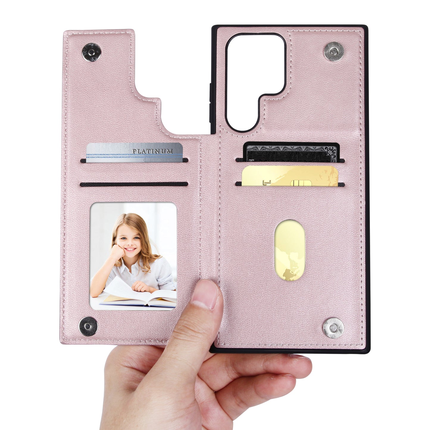 HANMAN Mika Series For Samsung Galaxy S24 Ultra Case with Card Holder PU Leather Coated TPU Back Cover - Rose Gold