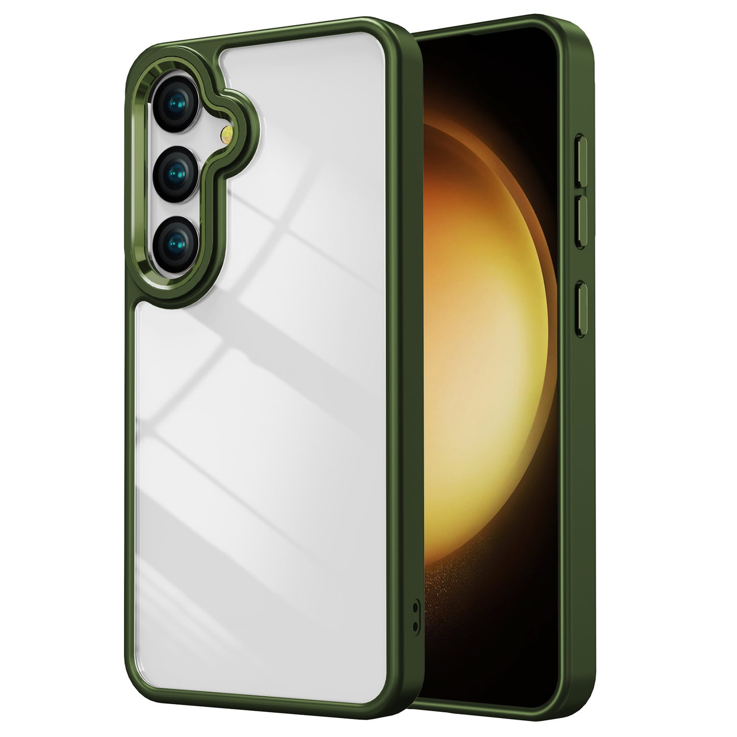 For Samsung Galaxy S24+ Cell Phone Case TPU+Acrylic Clear Cover with Metal Button Cover - Green