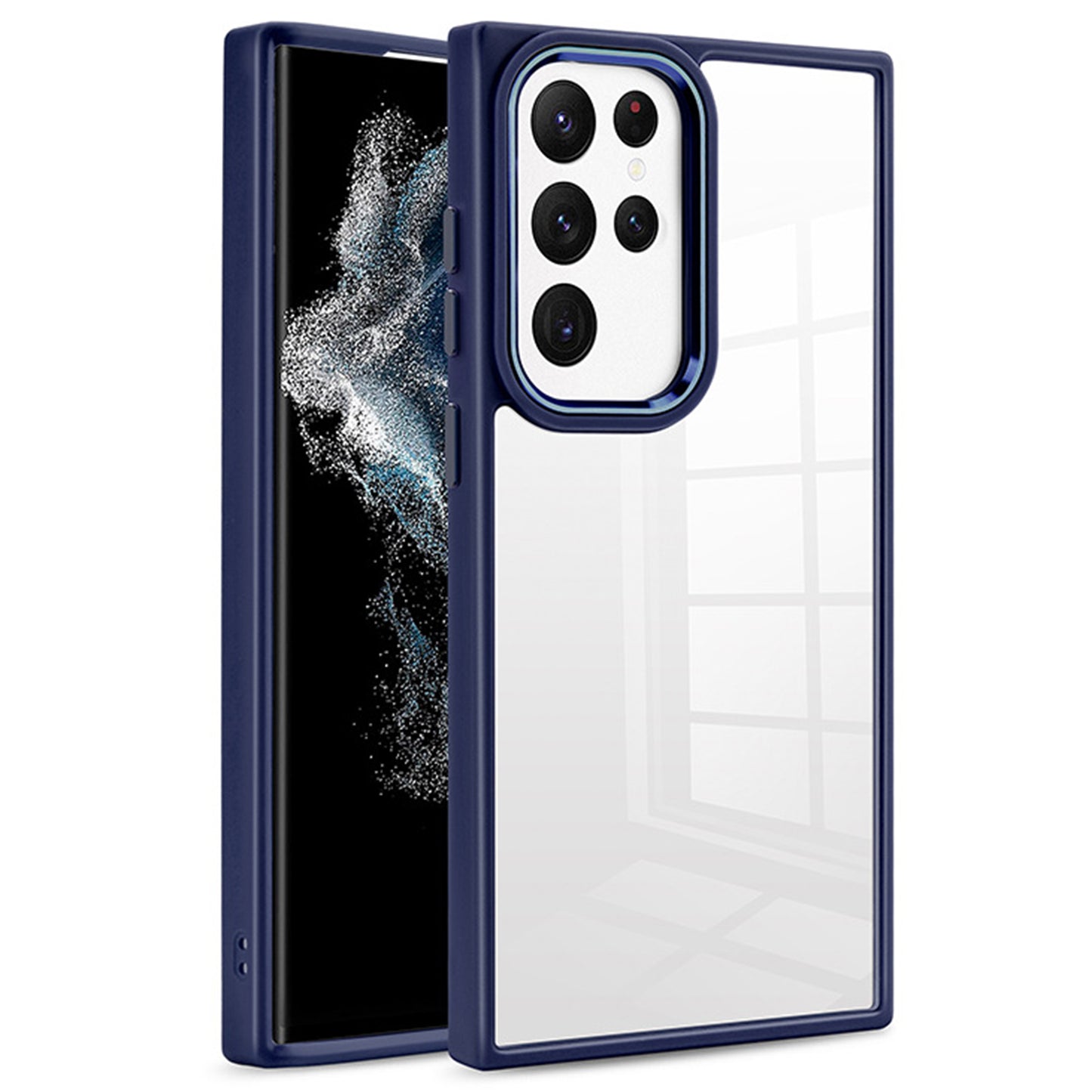 For Samsung Galaxy S24 Ultra Case TPU+Acrylic Clear Phone Back Shell with Metal Button Cover - Navy Blue