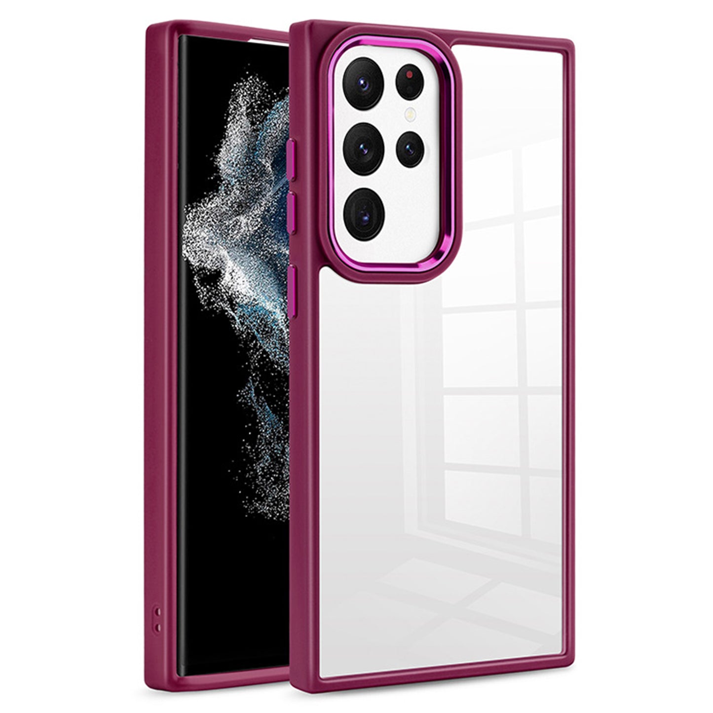 For Samsung Galaxy S24 Ultra Case TPU+Acrylic Clear Phone Back Shell with Metal Button Cover - Cherry