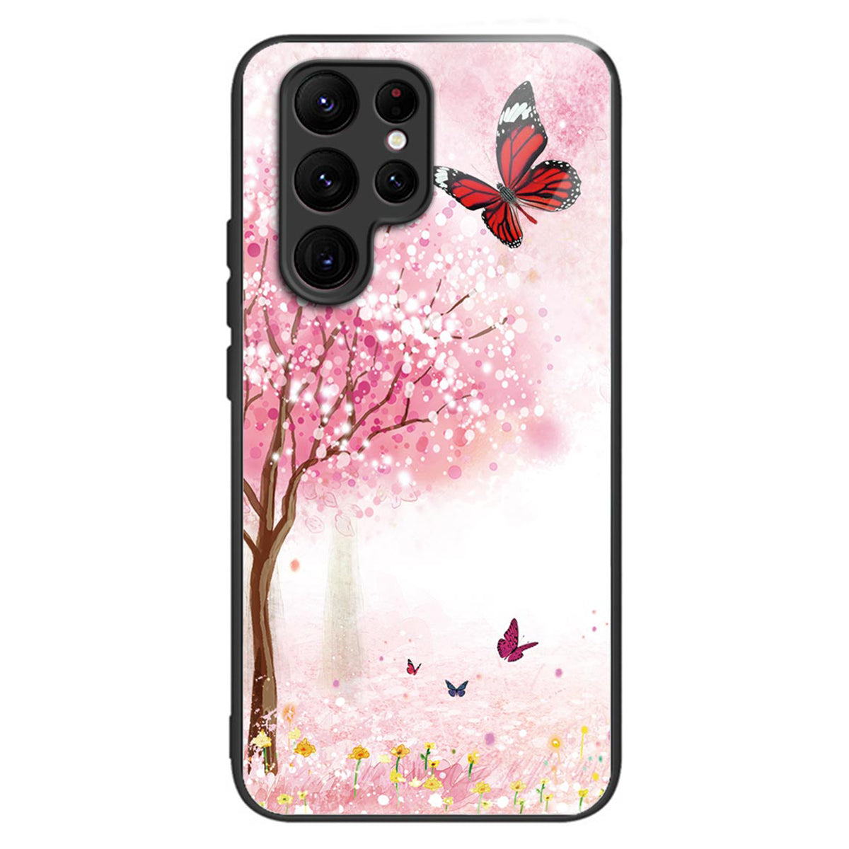For Samsung Galaxy S24 Ultra Case Tempered Glass+TPU Pattern Printing Phone Cover - Cherry Blossom Trees