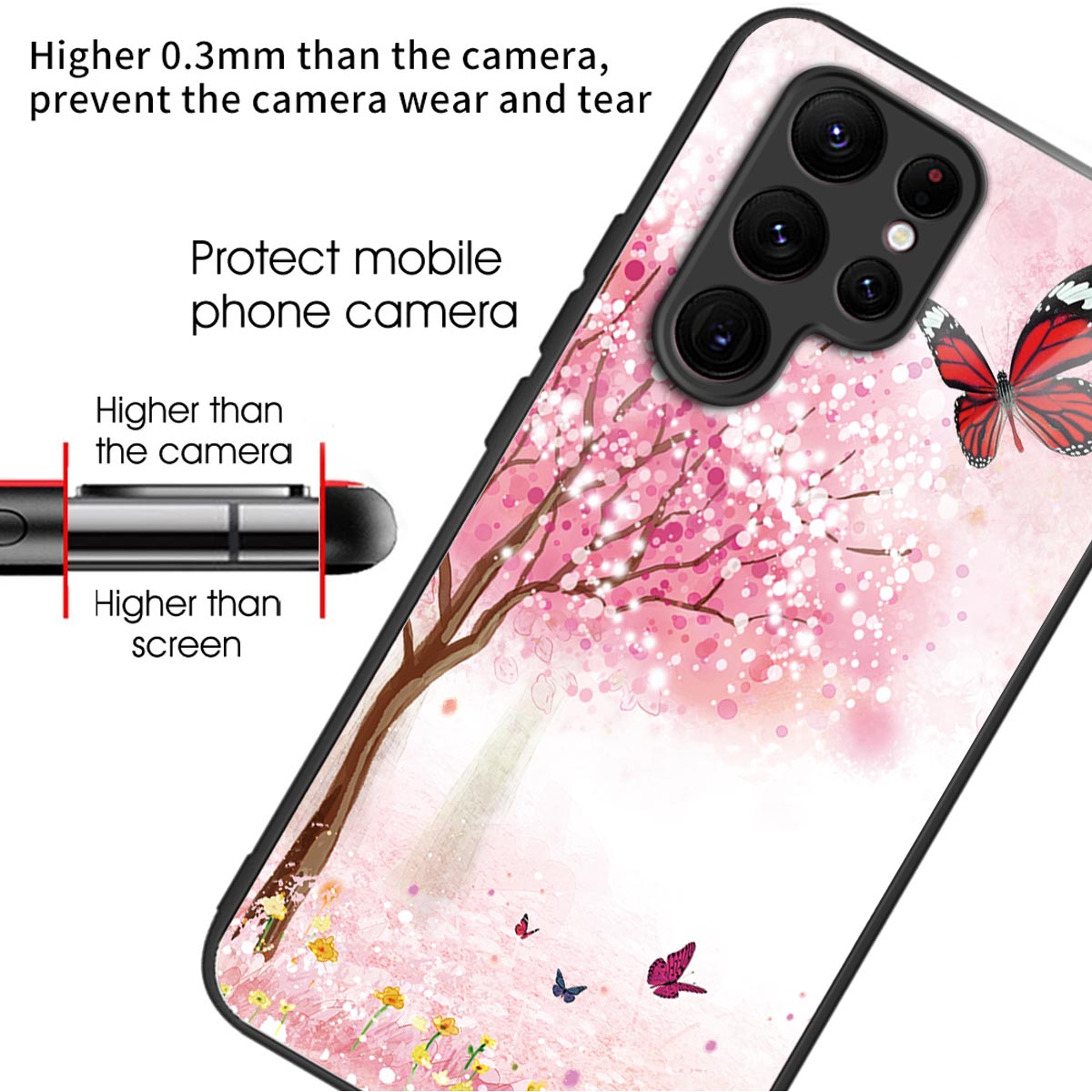 For Samsung Galaxy S24 Ultra Case Tempered Glass+TPU Pattern Printing Phone Cover - Cherry Blossom Trees