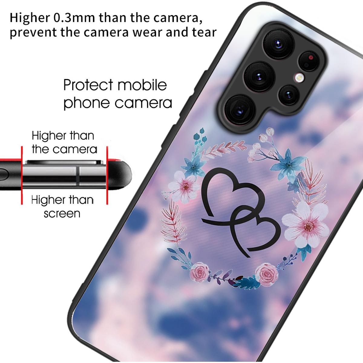 For Samsung Galaxy S24 Ultra Case Tempered Glass+TPU Pattern Printing Phone Cover - Heart to Heart / Flower