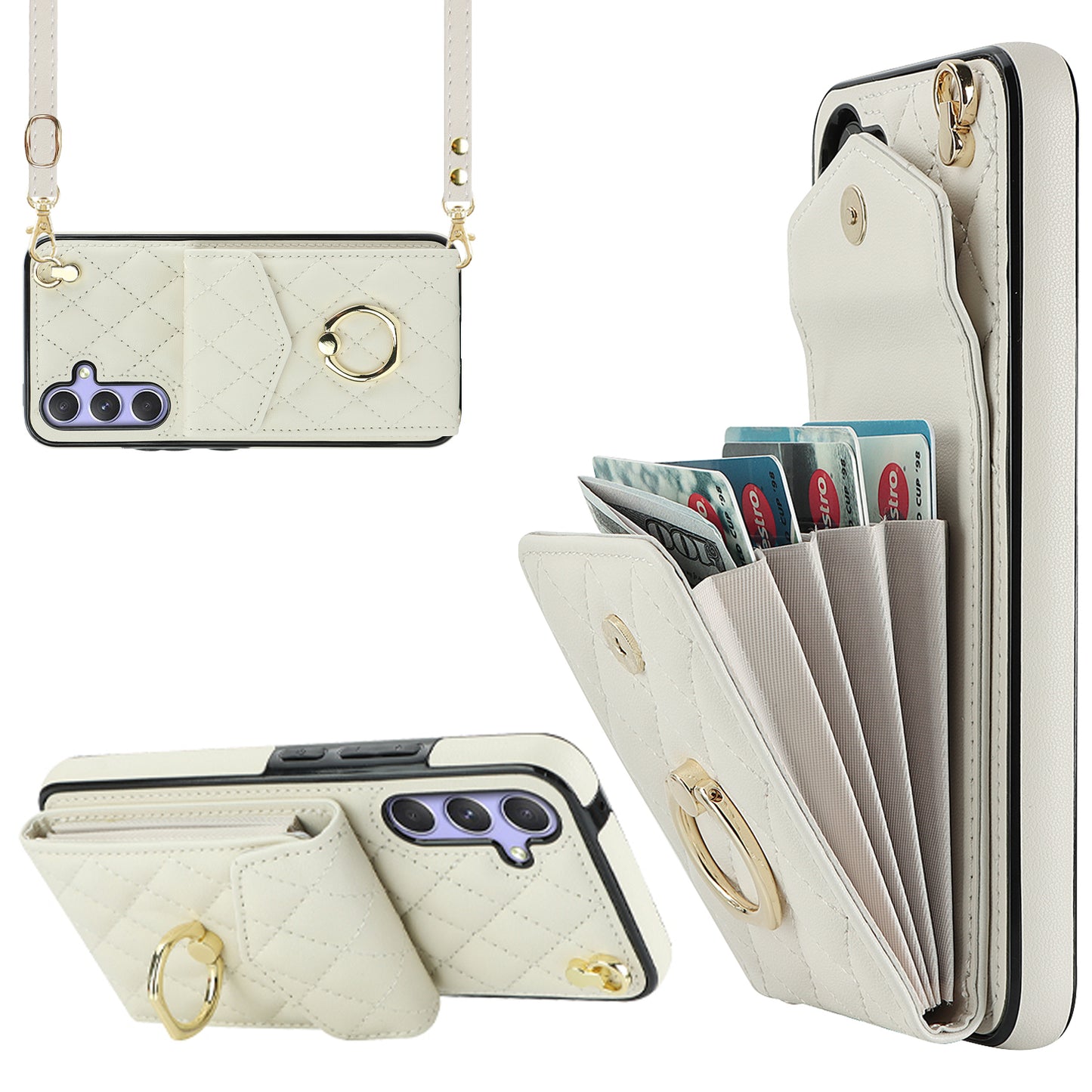 For Samsung Galaxy S24 Case Card Bag Leather+TPU Crossbody Cover with Ring Kickstand - Beige