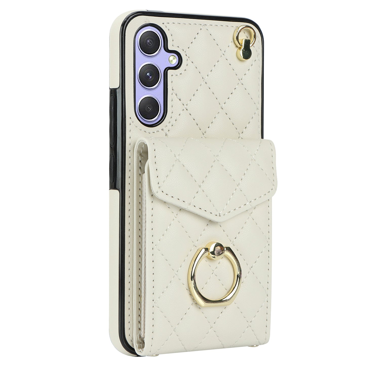 For Samsung Galaxy S24 Case Card Bag Leather+TPU Crossbody Cover with Ring Kickstand - Beige