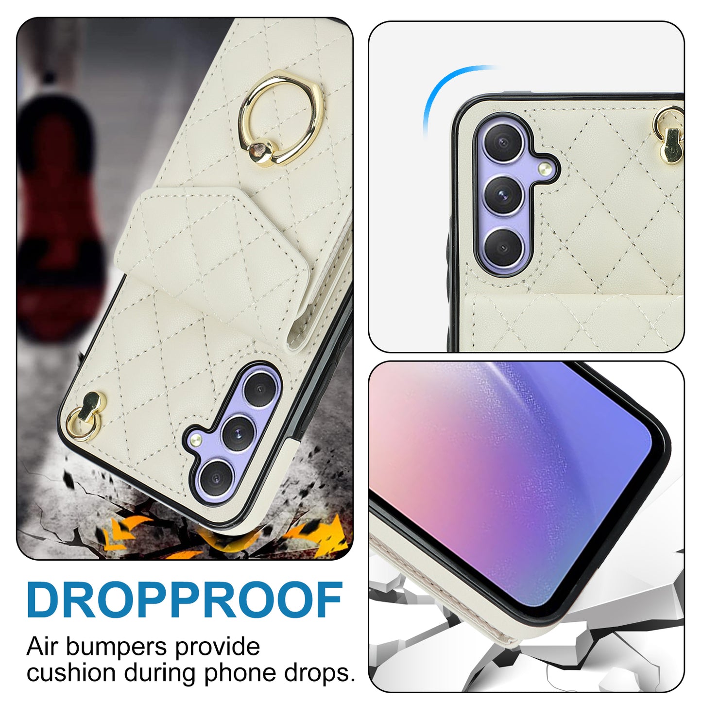 For Samsung Galaxy S24 Case Card Bag Leather+TPU Crossbody Cover with Ring Kickstand - Beige