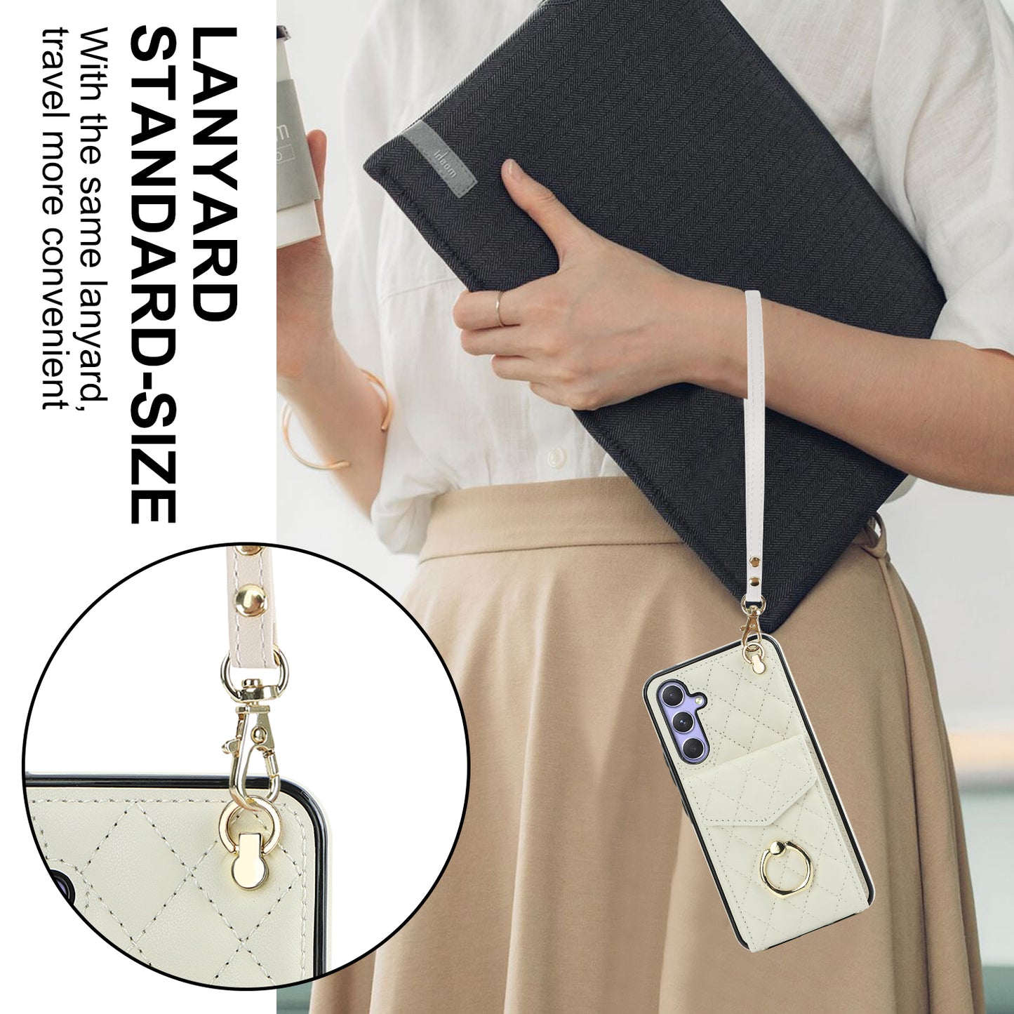 For Samsung Galaxy S24 Case Card Bag Leather+TPU Crossbody Cover with Ring Kickstand - Beige