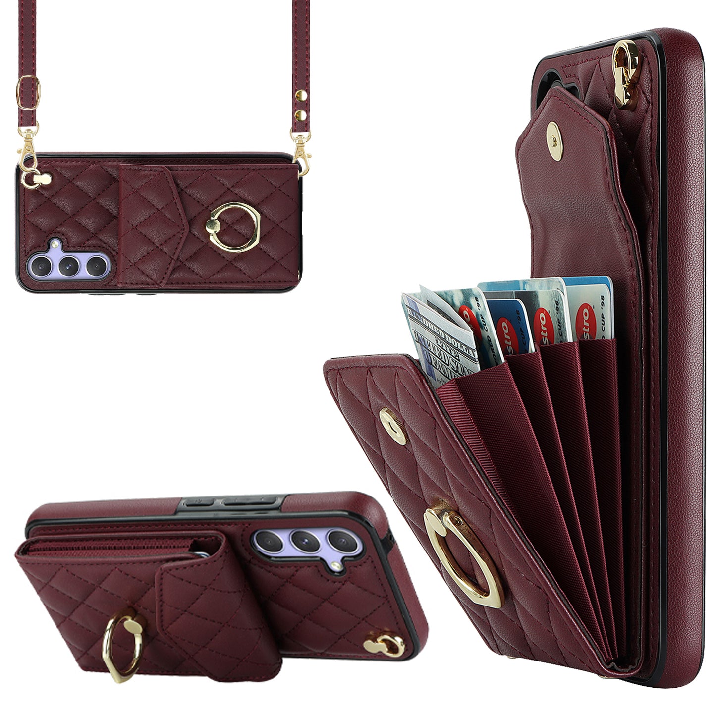 For Samsung Galaxy S24 Case Card Bag Leather+TPU Crossbody Cover with Ring Kickstand - Wine Red