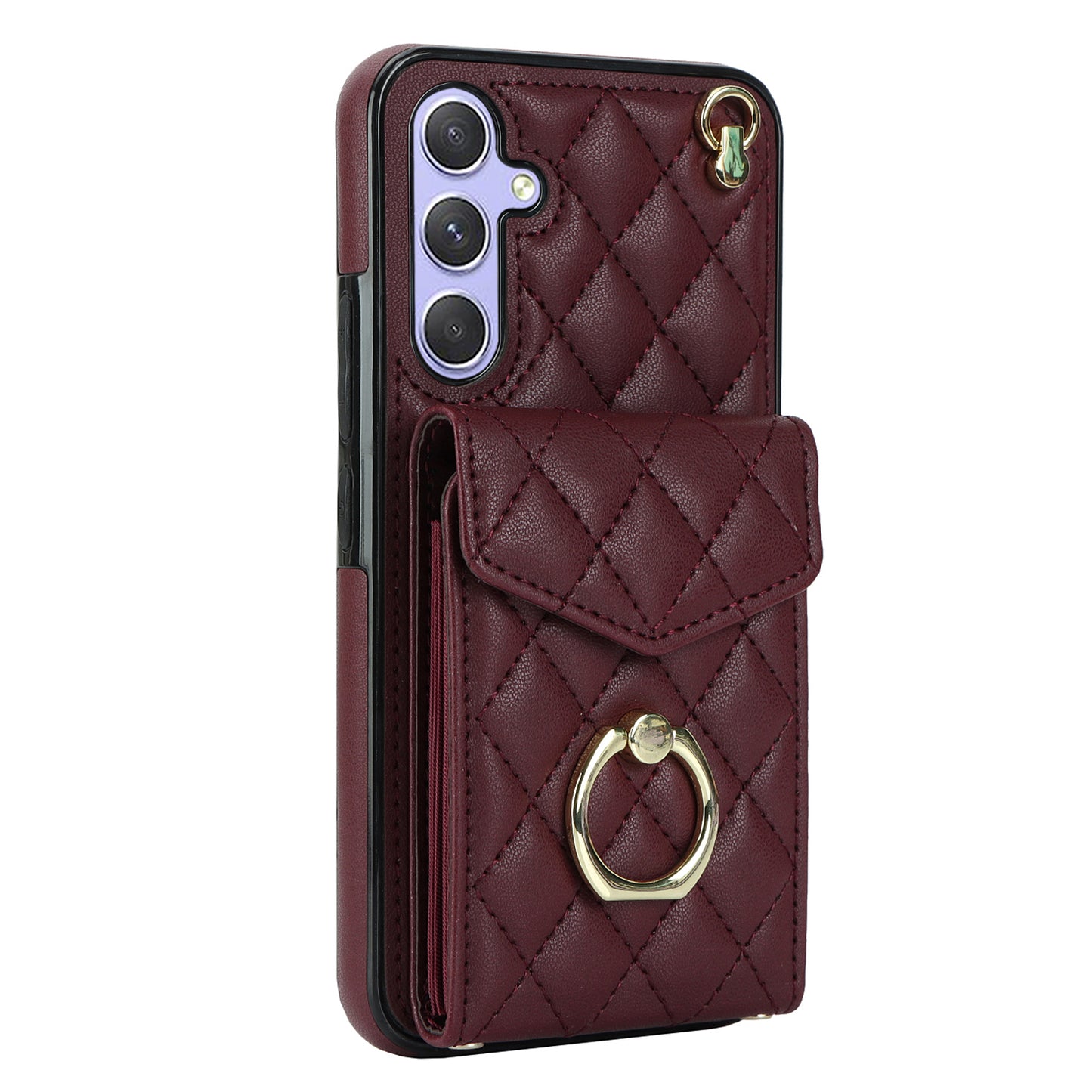 For Samsung Galaxy S24 Case Card Bag Leather+TPU Crossbody Cover with Ring Kickstand - Wine Red