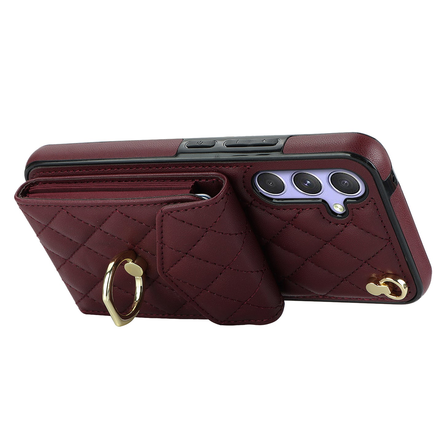 For Samsung Galaxy S24 Case Card Bag Leather+TPU Crossbody Cover with Ring Kickstand - Wine Red