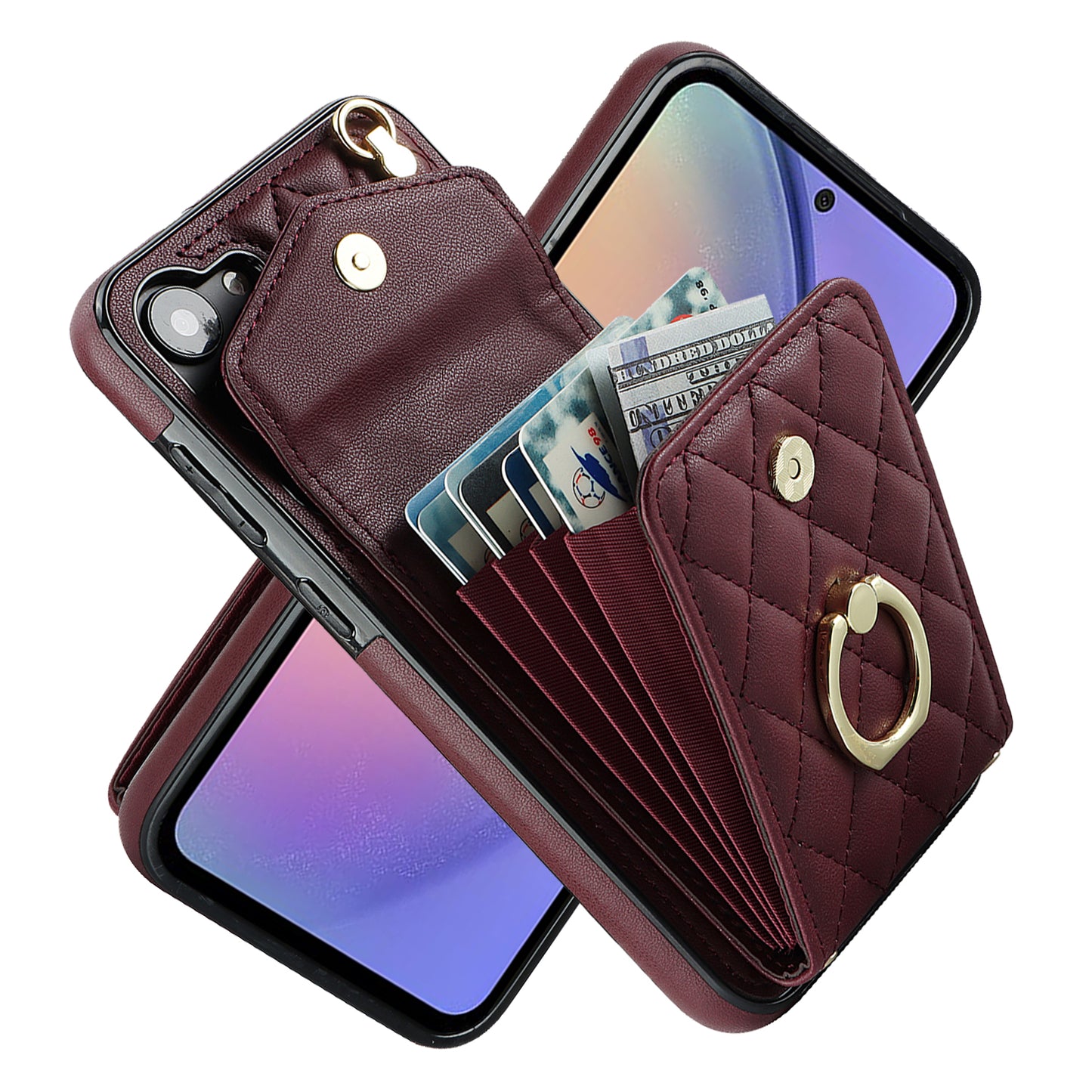 For Samsung Galaxy S24 Case Card Bag Leather+TPU Crossbody Cover with Ring Kickstand - Wine Red