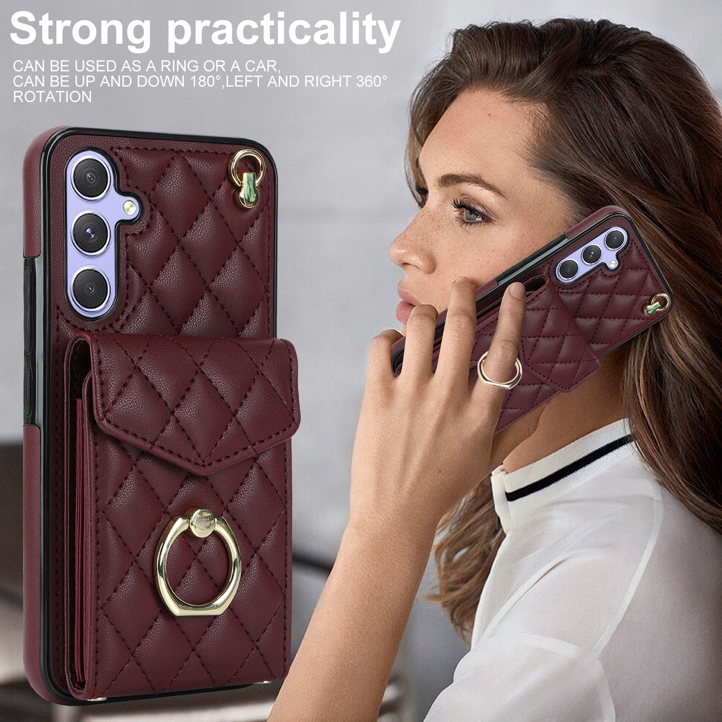 For Samsung Galaxy S24 Case Card Bag Leather+TPU Crossbody Cover with Ring Kickstand - Wine Red