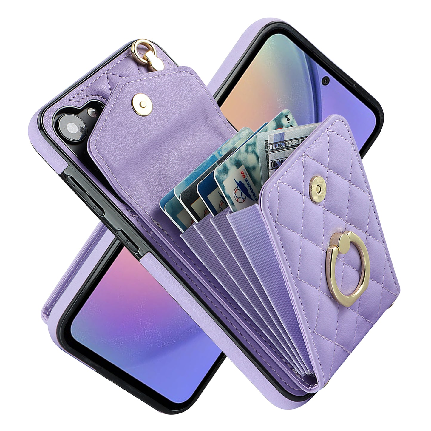 For Samsung Galaxy S24 Case Card Bag Leather+TPU Crossbody Cover with Ring Kickstand - Purple