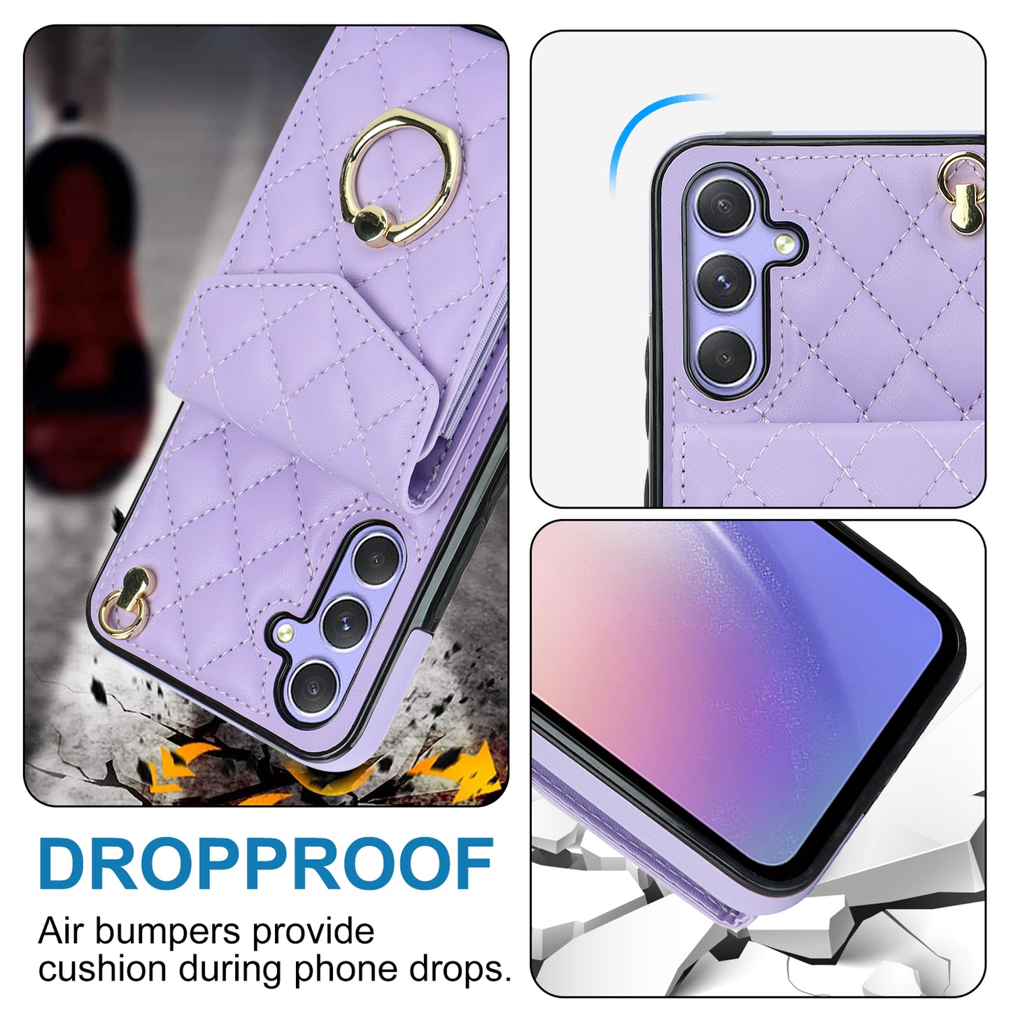 For Samsung Galaxy S24 Case Card Bag Leather+TPU Crossbody Cover with Ring Kickstand - Purple