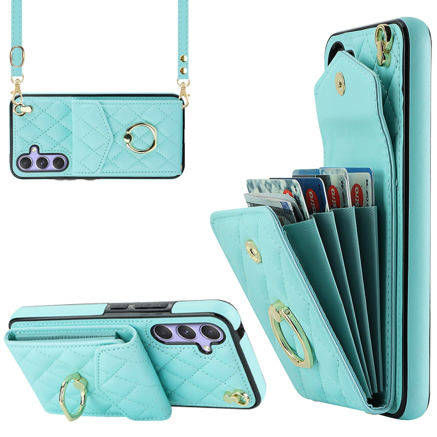 For Samsung Galaxy S24 Case Card Bag Leather+TPU Crossbody Cover with Ring Kickstand - Mint Green
