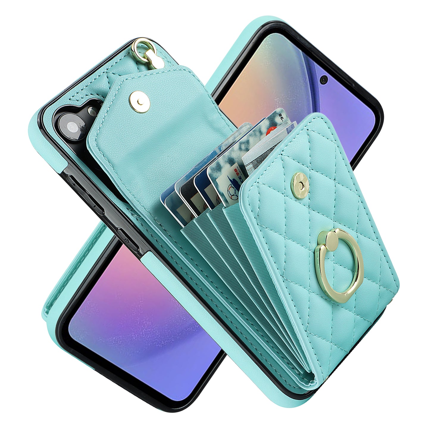 For Samsung Galaxy S24 Case Card Bag Leather+TPU Crossbody Cover with Ring Kickstand - Mint Green