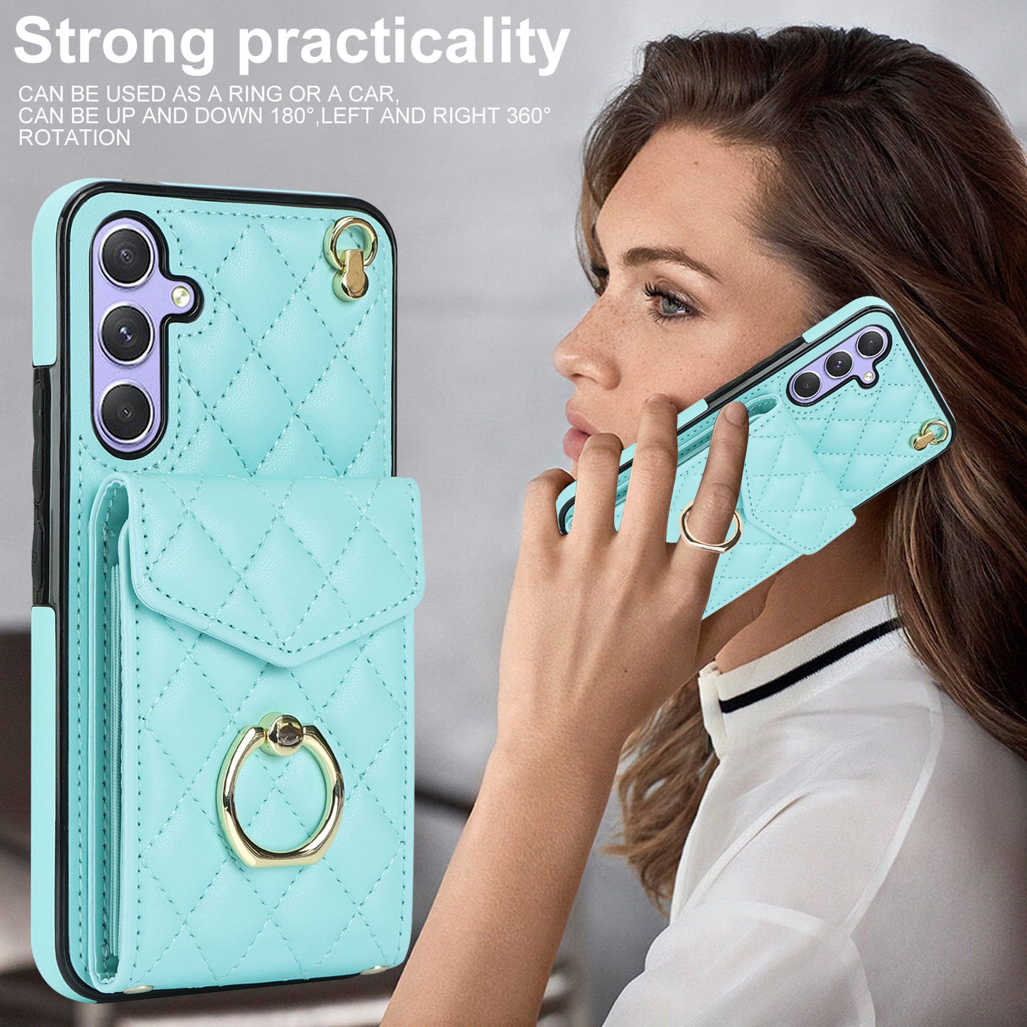 For Samsung Galaxy S24 Case Card Bag Leather+TPU Crossbody Cover with Ring Kickstand - Mint Green